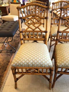 Set of 4 Vintage Chinese Chippendale Honey Rattan Dining Chairs