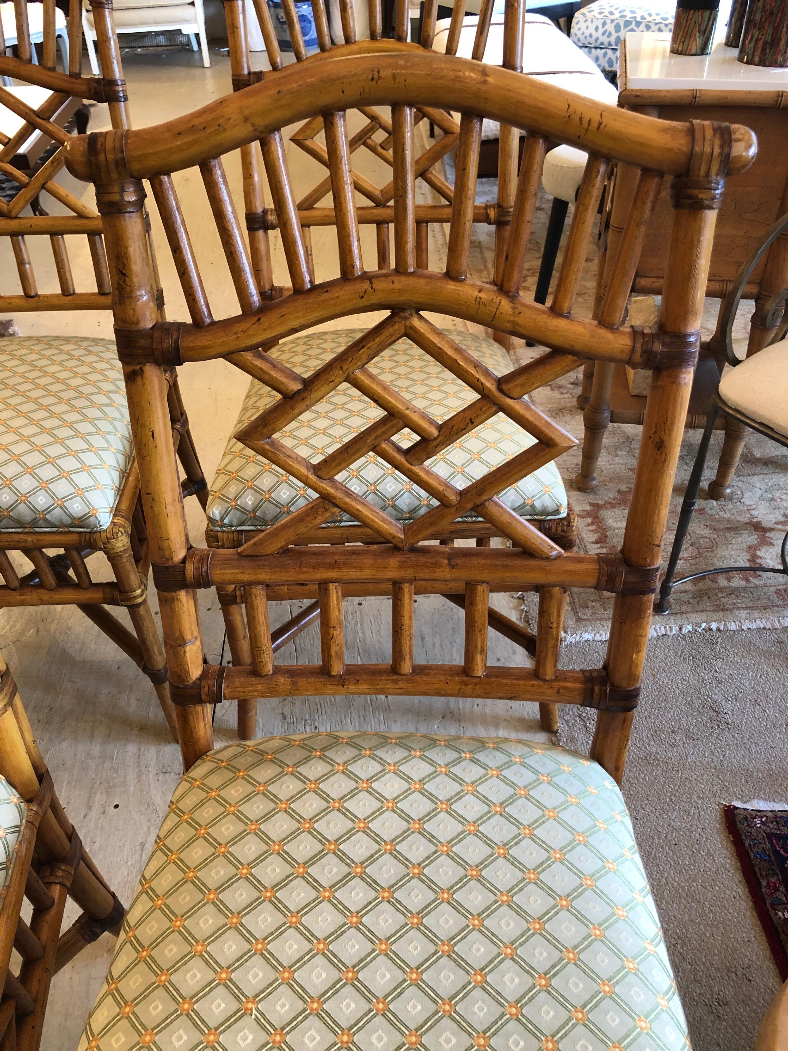 Set of 4 Vintage Chinese Chippendale Honey Rattan Dining Chairs 2