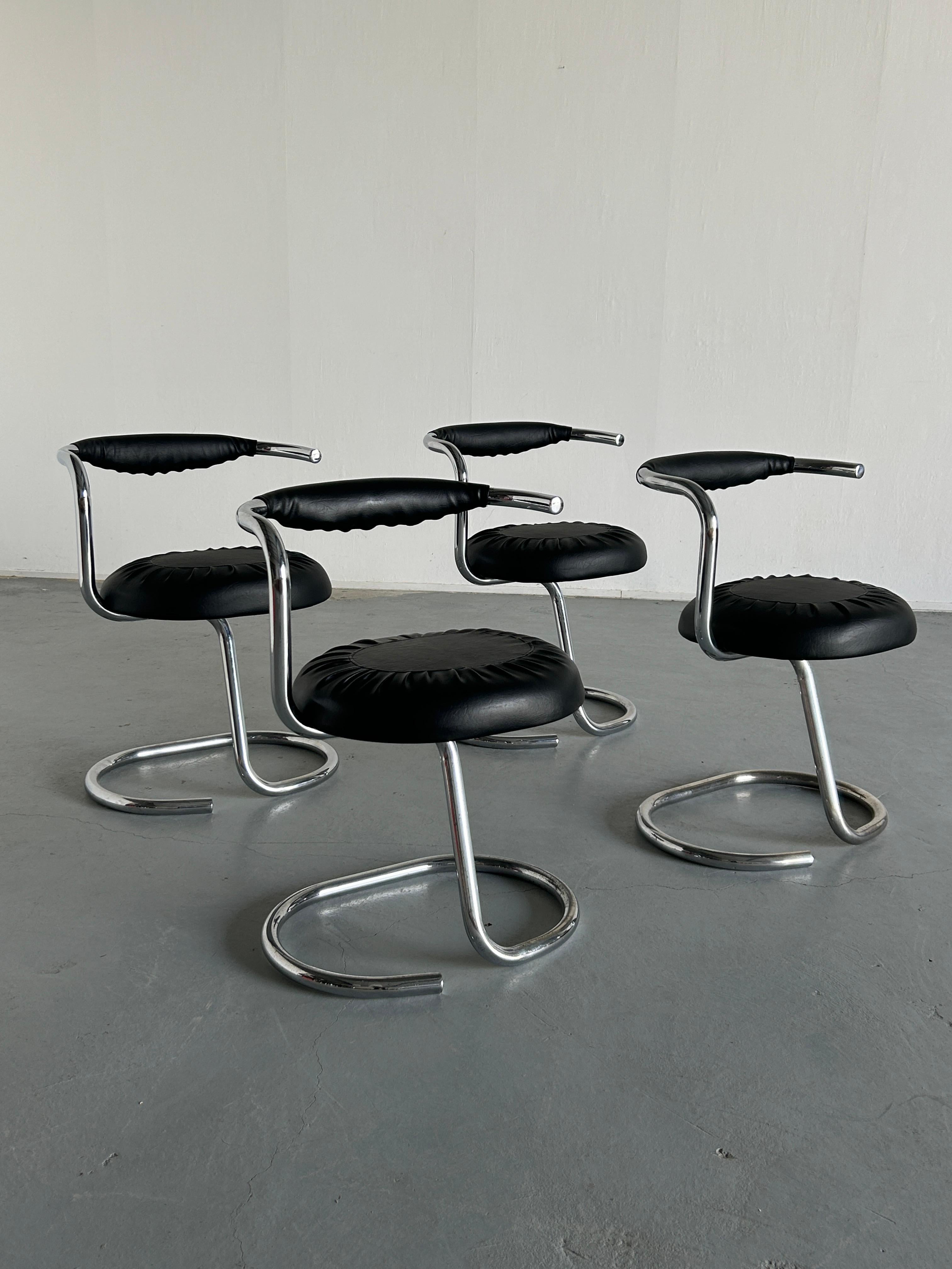 Mid-Century Modern Set of 4 Vintage 'Cobra' Chairs by Giotto Stoppino in Black Faux Leather, 1970s 