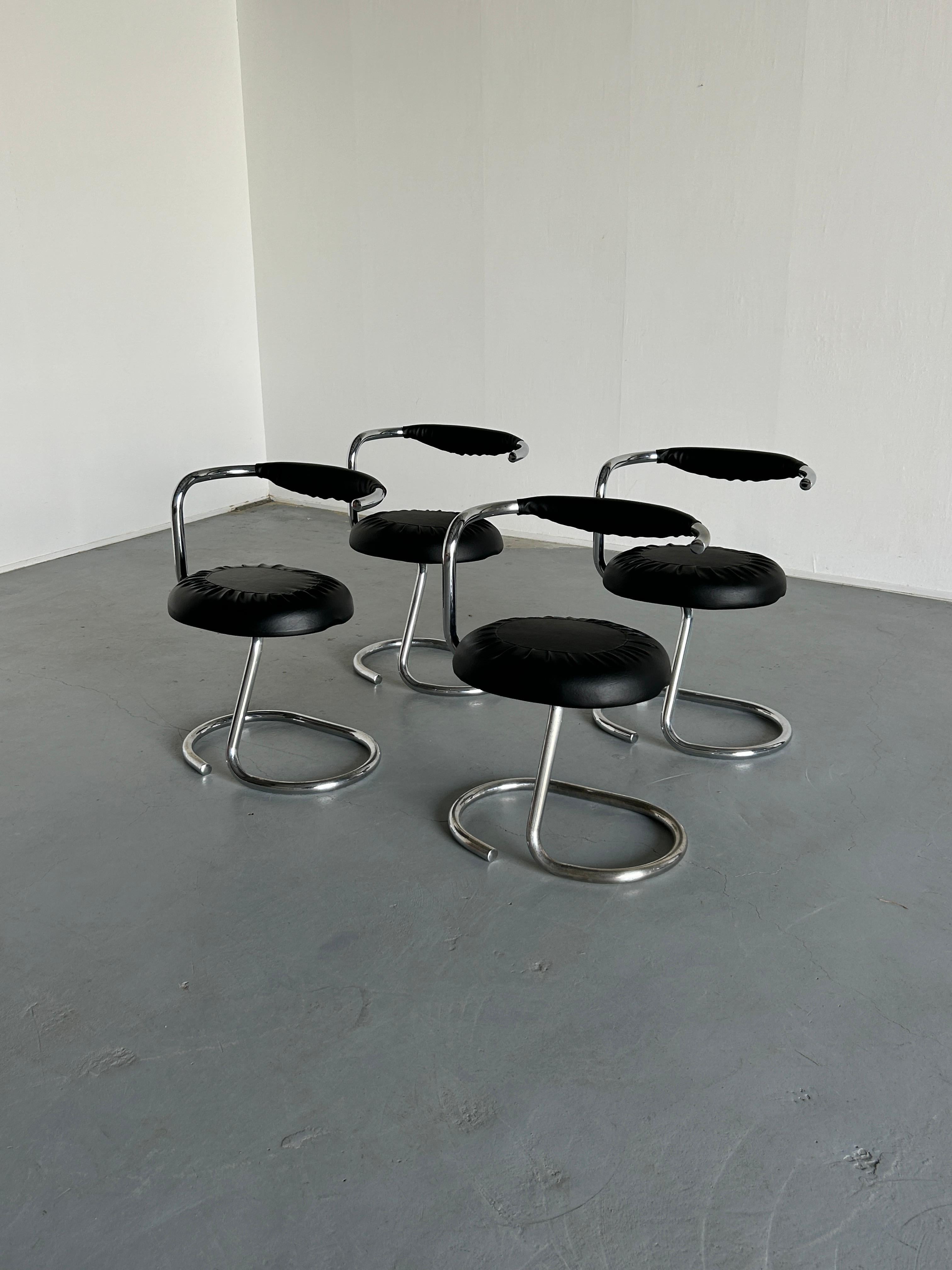 Italian Set of 4 Vintage 'Cobra' Chairs by Giotto Stoppino in Black Faux Leather, 1970s 