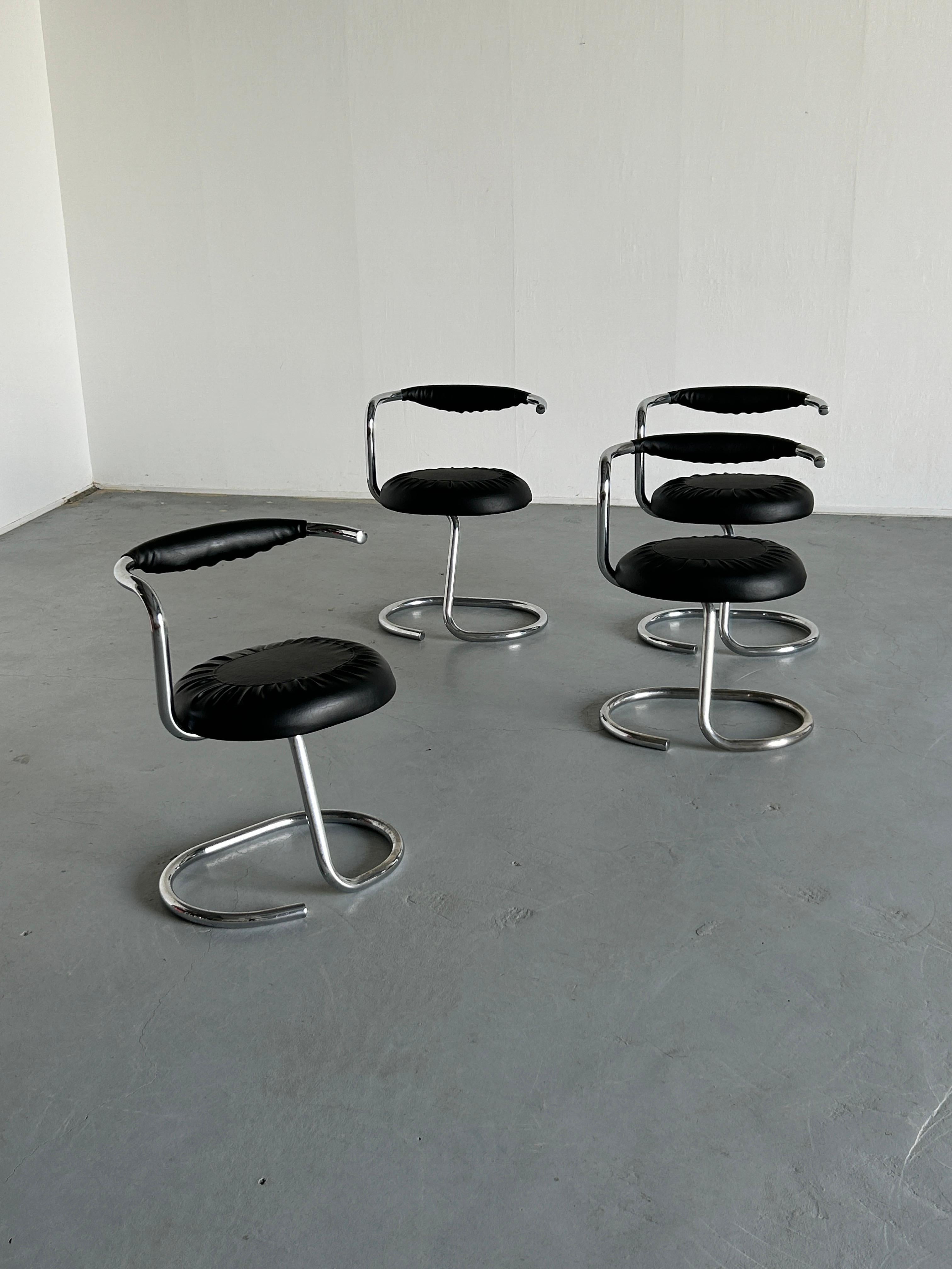 Late 20th Century Set of 4 Vintage 'Cobra' Chairs by Giotto Stoppino in Black Faux Leather, 1970s  For Sale