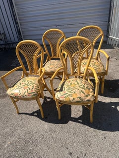 Set of 4 vintage costal split reed rattan dining armchairs signed Empire Miami