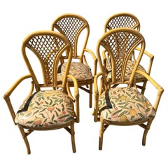 Set of 4 vintage costal split reed rattan dining armchairs signed Empire Miami