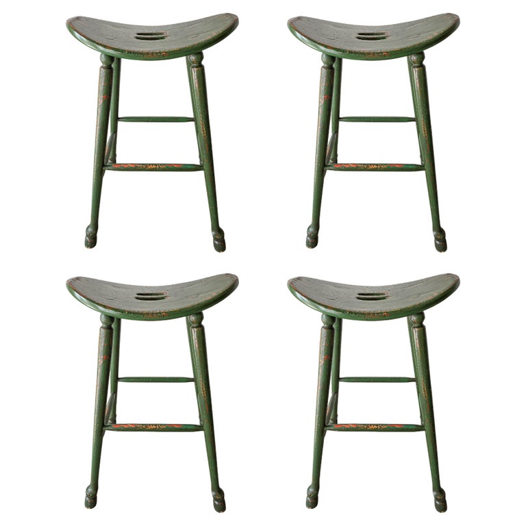 Set of Vintage Craftsman Style Green Saddle Seat Bar Stools For