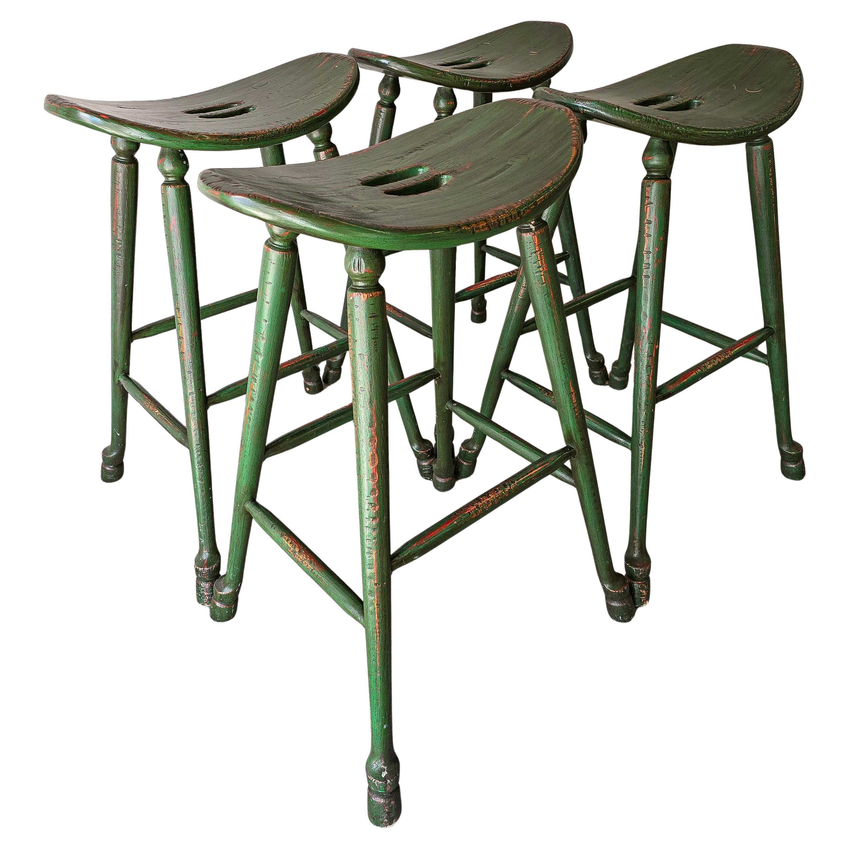 Set of 4 Vintage Craftsman Style Green Saddle Seat Bar Stools For Sale