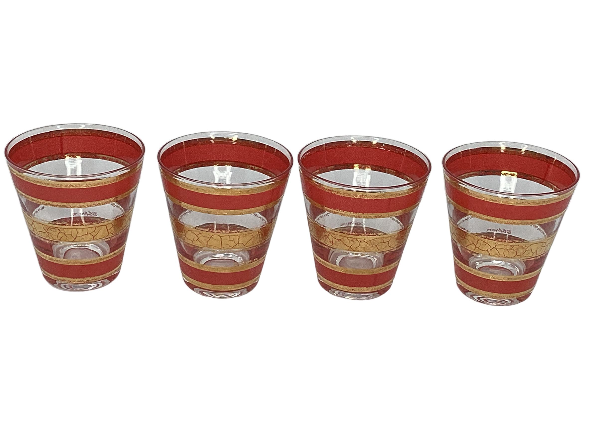 Set of 4 Vintage Red and Gold Culver Double Old Fashion Glasses For Sale at 1stDibs
