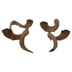 Set of 4 Vintage Curly Ram Horn and Brass Candlesticks