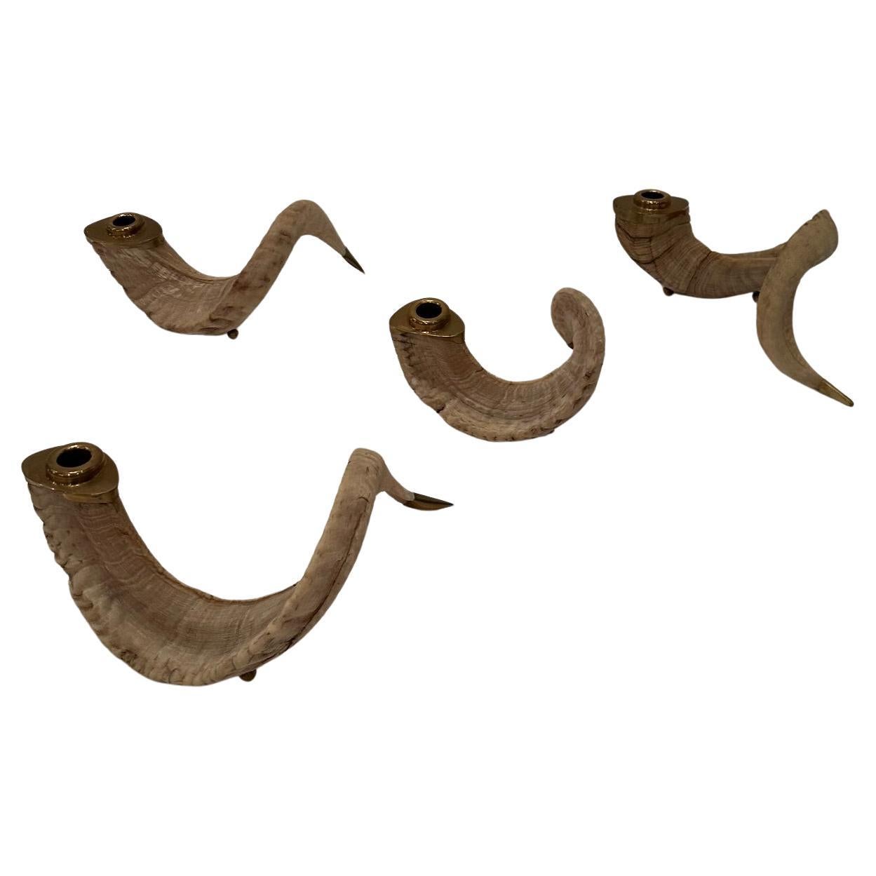Set of 4 Vintage Curly Ram Horn and Brass Candlesticks