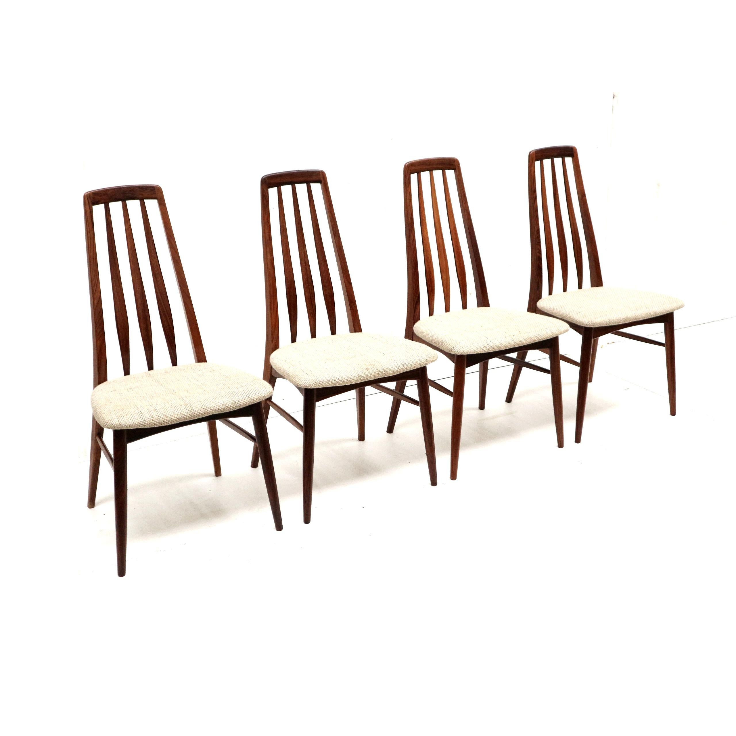 Set di 4 sedie da sala da pranzo vintage di design danese 'Eva' di Niels Koefoed per Koefoeds Hornslet.

Dimensioni:
Altezza dello schienale: 95.8 cm
Altezza del sedile: 46 cm
Larghezza: 47 cm
Profondità: 49 cm

Le sedie presentano alcune piccole