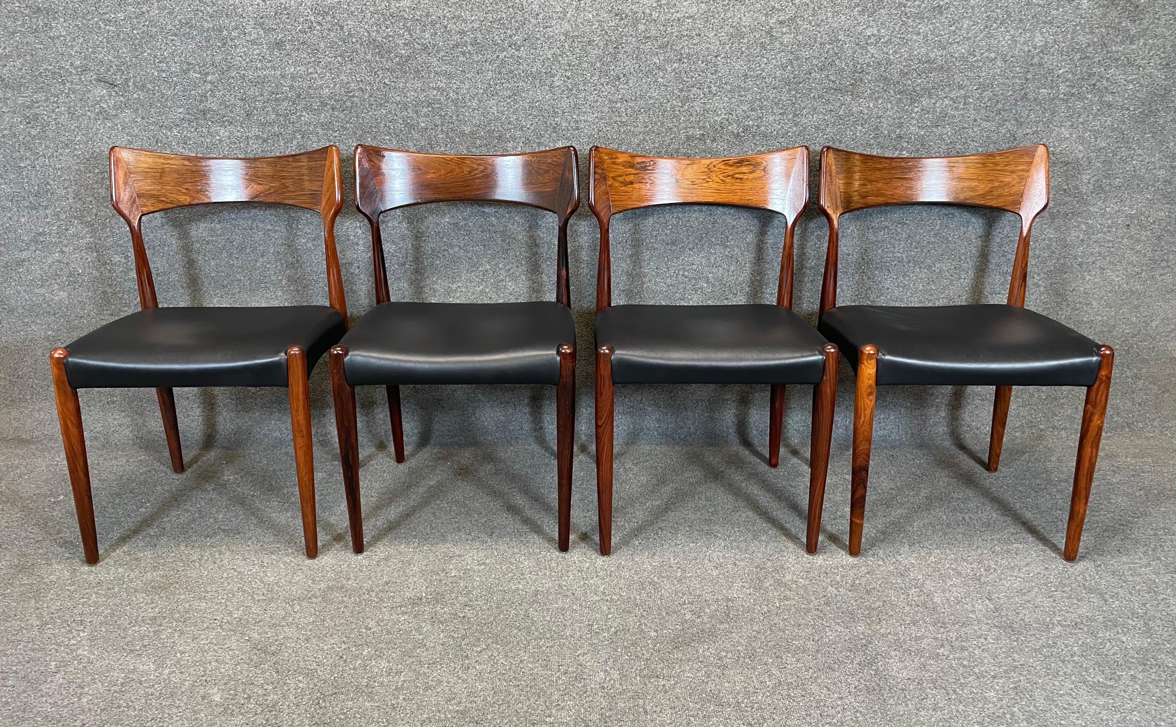 Here is a beautiful set of 4 scandinavian modern dining chairs in rosewood manufactured by Bernhard Pedersen in Denmark in the 1960's.
This exquisite set, recently imported from Europe to California before its refinishing, features a solid