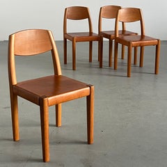 Set of 4 Vintage Dining Chairs in Style of Pierre Chapo, Cognac Leather and Wood