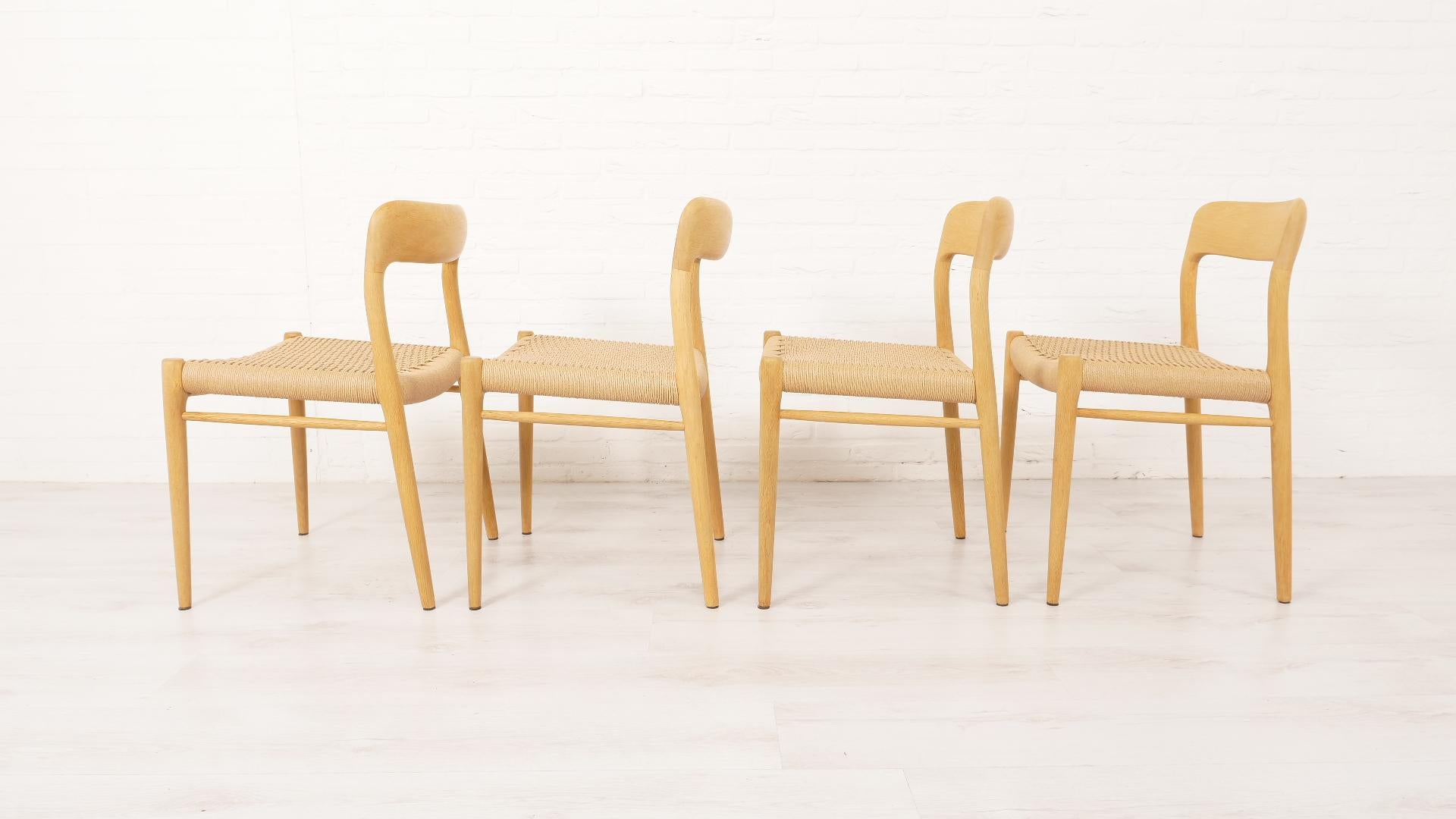 Mid-Century Modern Set of 4 vintage dining chairs  Niels Otto Møller  Model 75  Papercord Oak For Sale