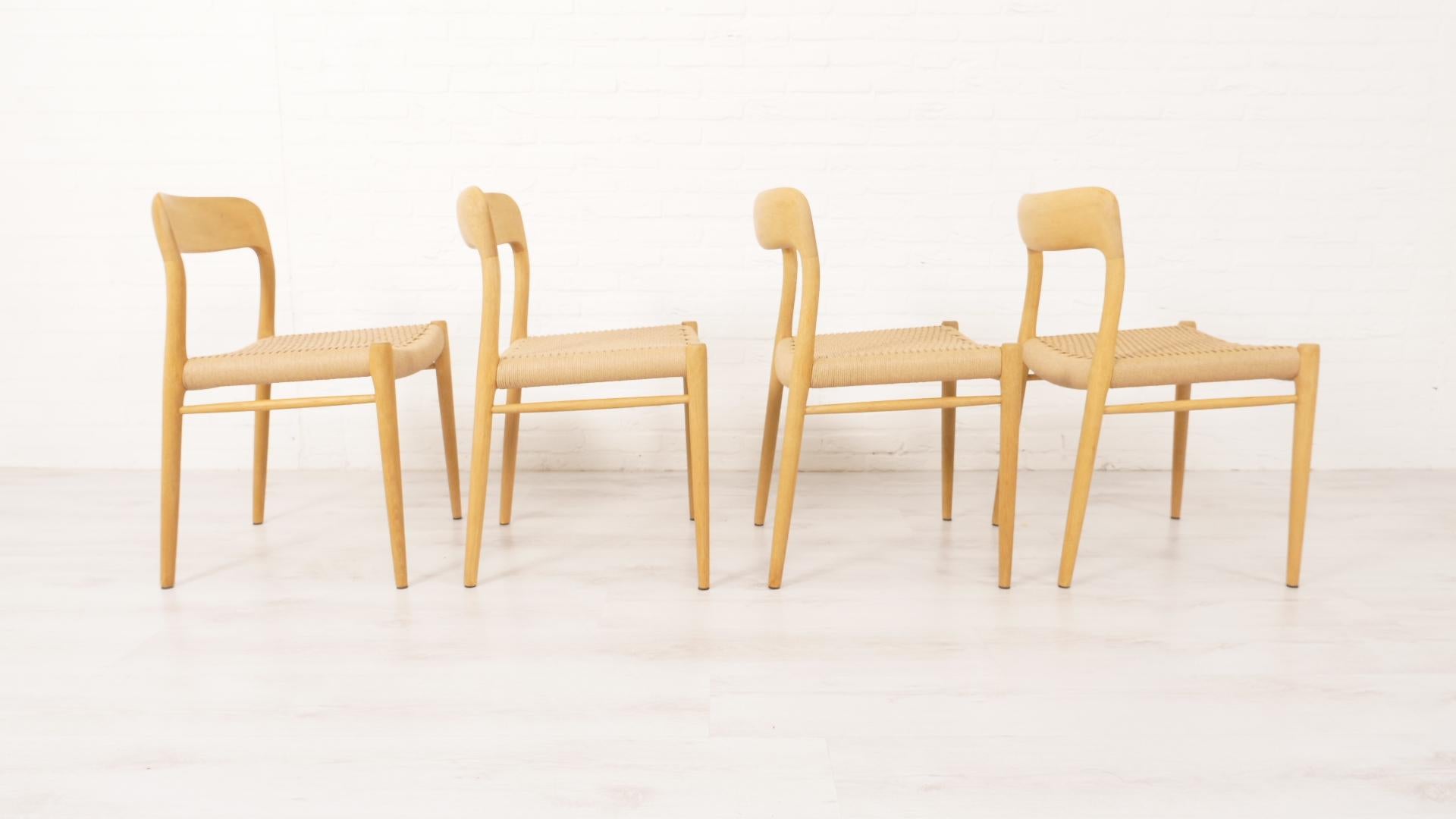 Hand-Woven Set of 4 vintage dining chairs  Niels Otto Møller  Model 75  Papercord Oak For Sale