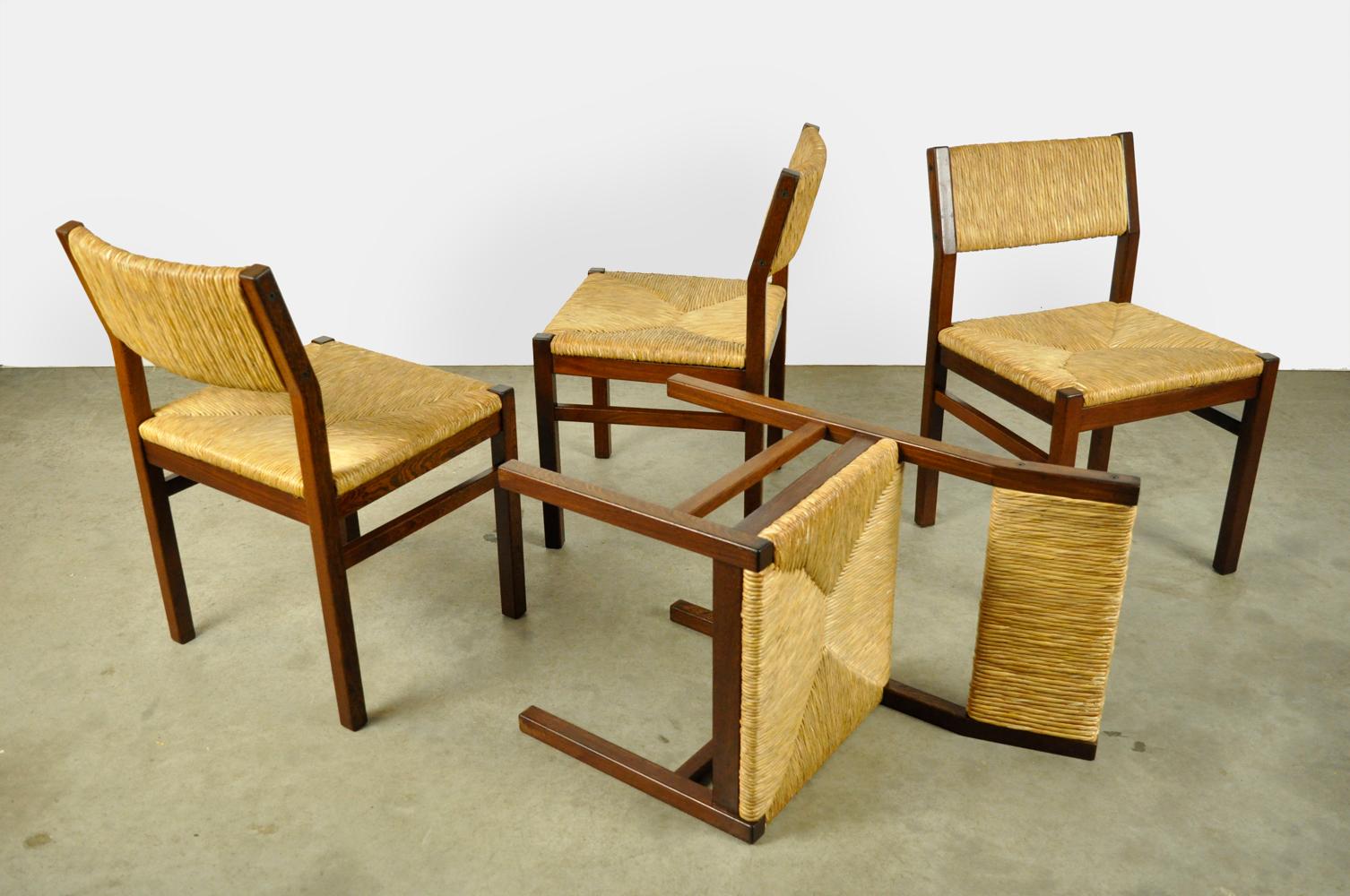 Set of 4 vintage dining chairs with reed seat by Pastoe, 1970s Netherlands For Sale 2