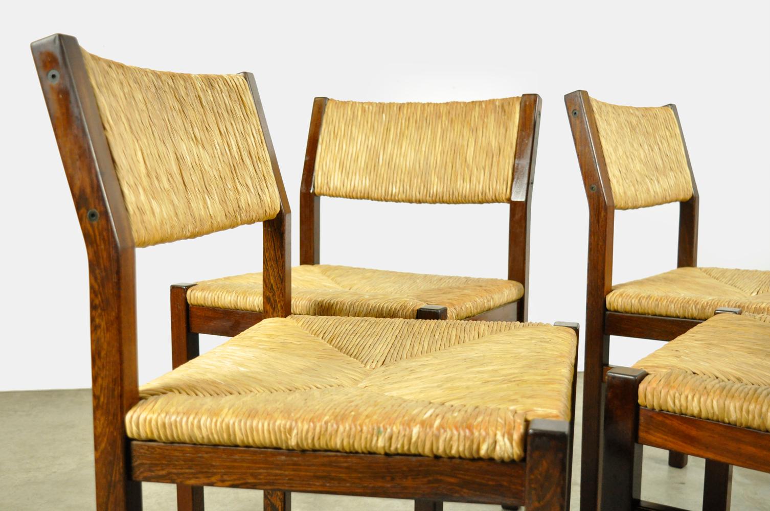 Tissage Ensemble de 4 chaises de salle à manger vintage avec assise en roseau par Pastoe, années 1970, Pays-Bas en vente