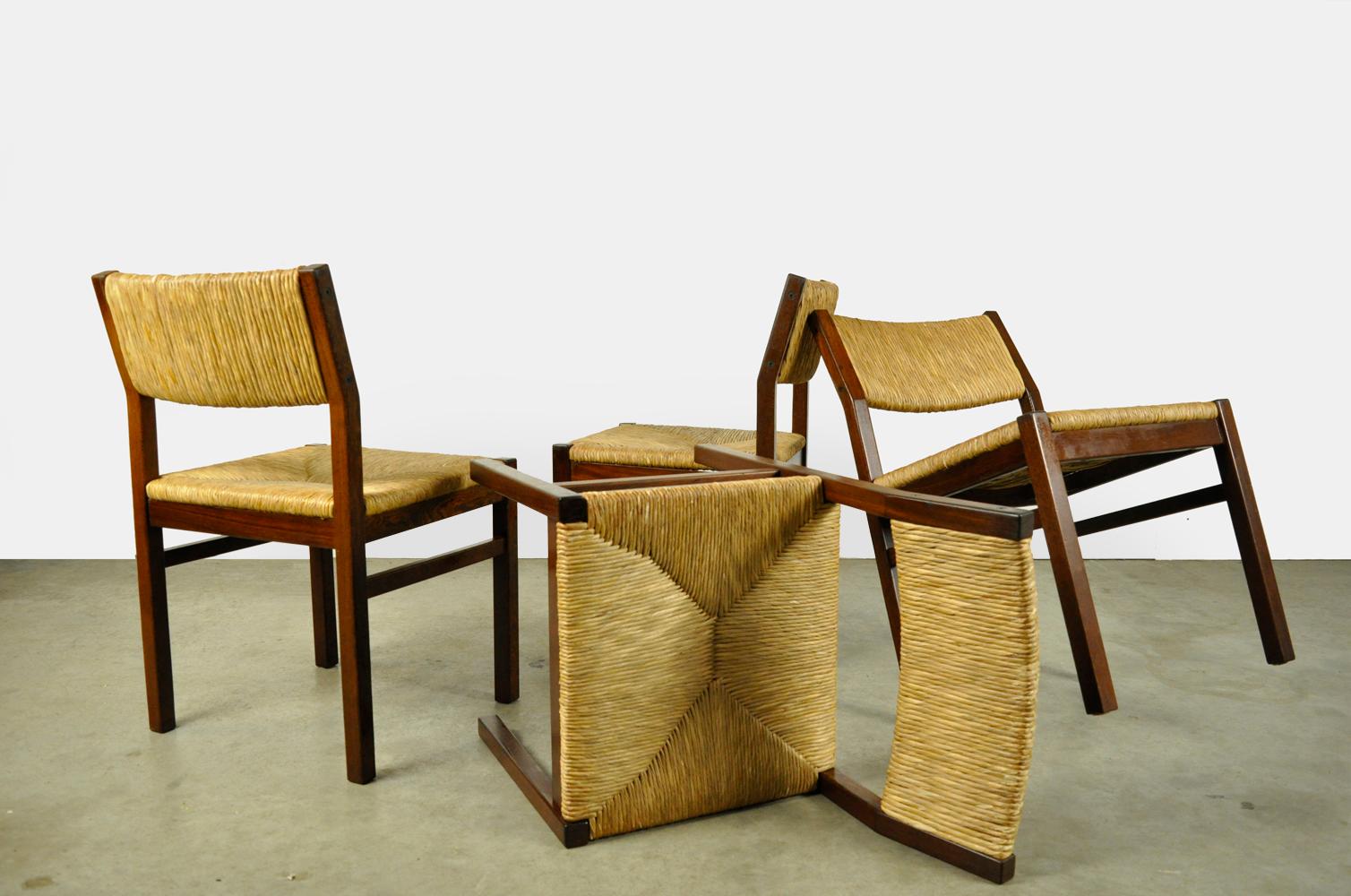 Set of 4 vintage dining chairs with reed seat by Pastoe, 1970s Netherlands For Sale 1