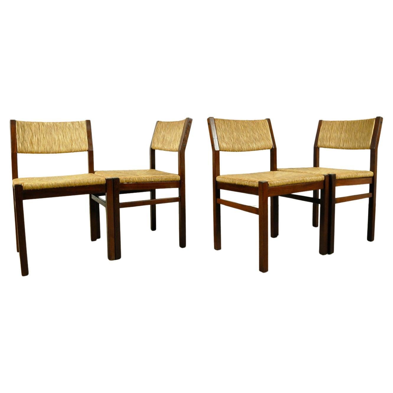 Ensemble de 4 chaises de salle à manger vintage avec assise en roseau par Pastoe, années 1970, Pays-Bas en vente