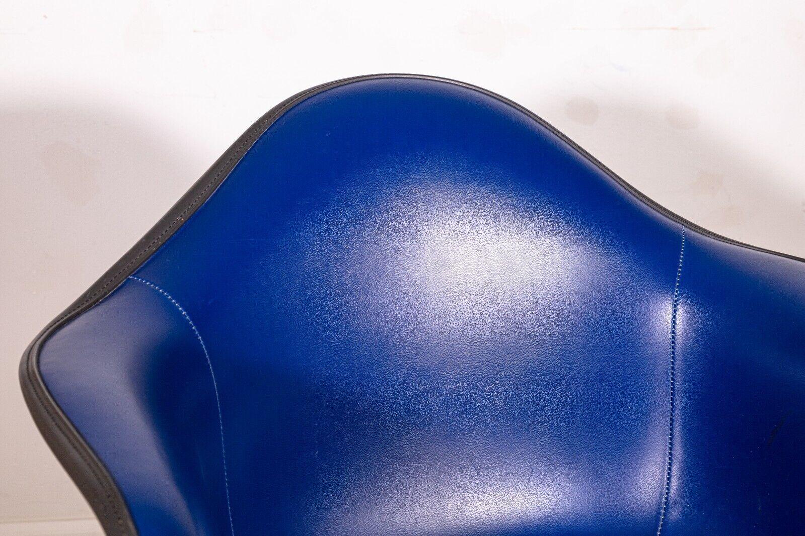 Set of 4 Vintage Eames Herman Miller Molded Fiberglass Blue Leather Swivel Chair 1