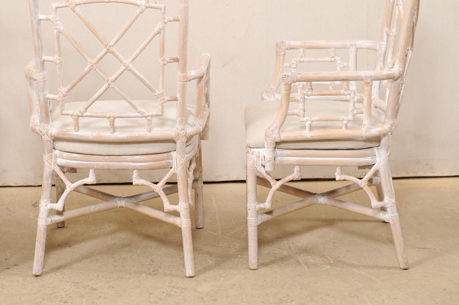 Set of 4 Vintage Faux Bamboo Carved Armchairs with Newly Upholstered Seats  In Good Condition In Atlanta, GA