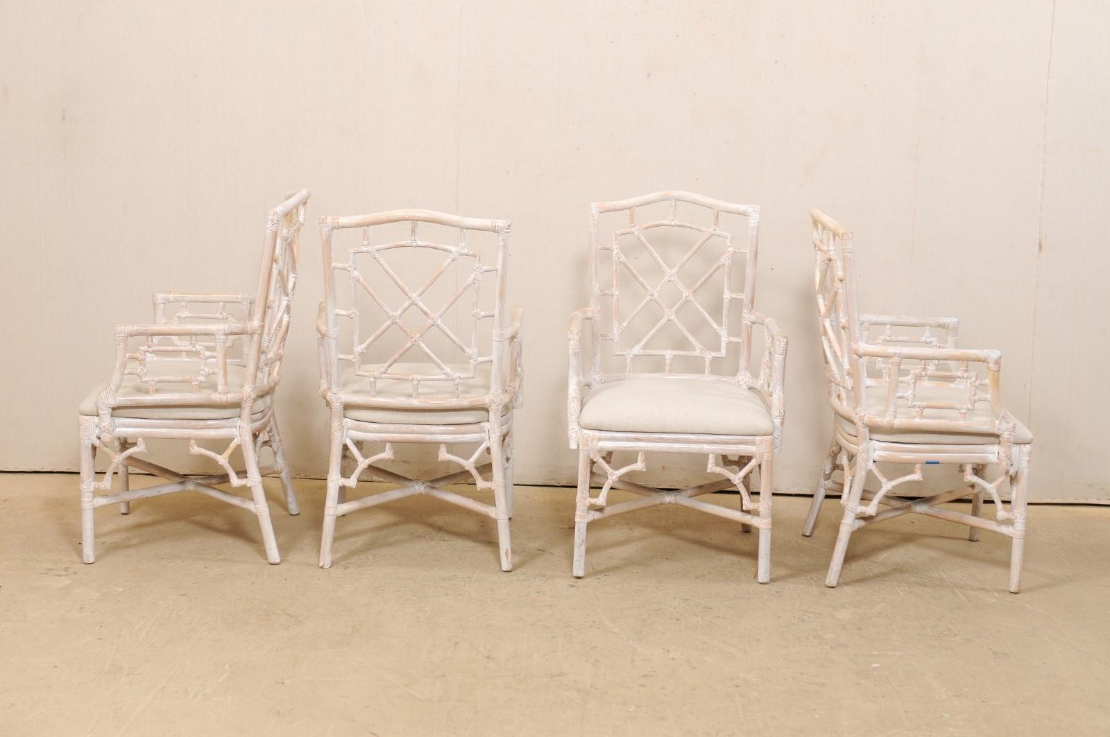 Set of 4 Vintage Faux Bamboo Carved Armchairs with Newly Upholstered Seats  1