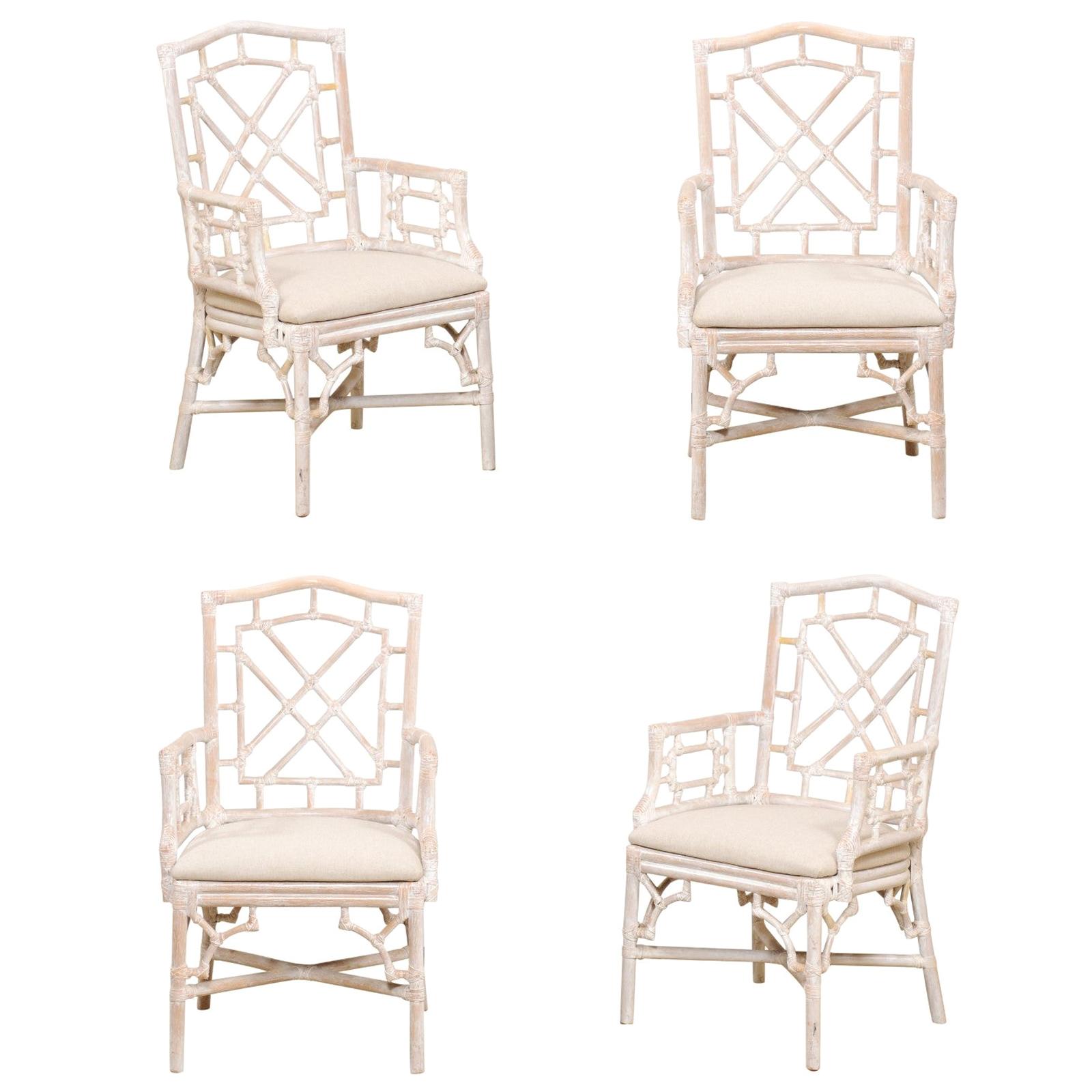 Set of 4 Vintage Faux Bamboo Carved Armchairs with Newly Upholstered Seats 