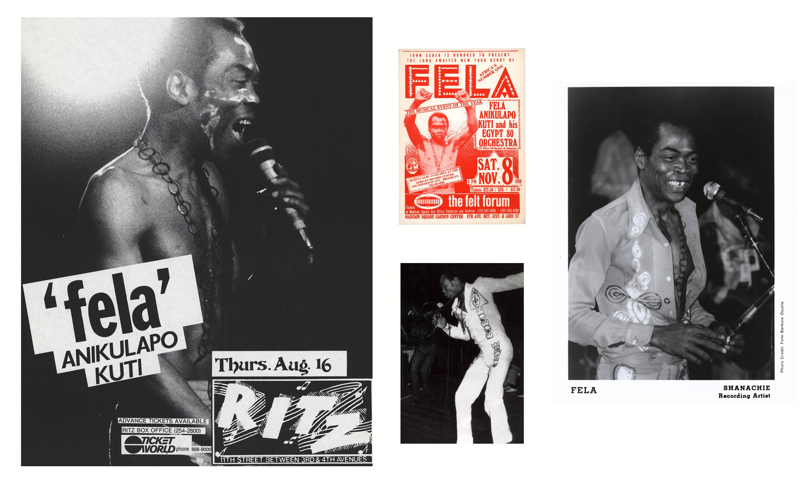 A set of 4 vintage 1980's Fela Kuti Collectibles:
Original set of Fela Kuti advertisements including a press photograph, a poster and two announcement cards all featuring the singer in motion. A rare Kuti set of the time; c. 1980's. Beginning in