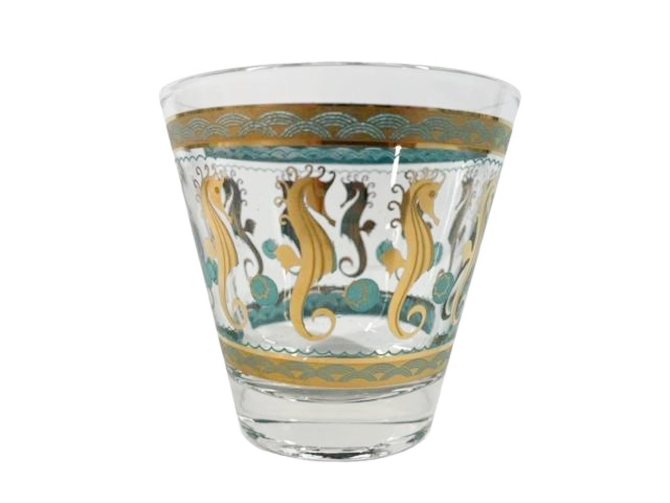 Set of 4 Vintage Fred Press Old Fashioned Glasses with Aqua and Gold Seahorses For Sale 4