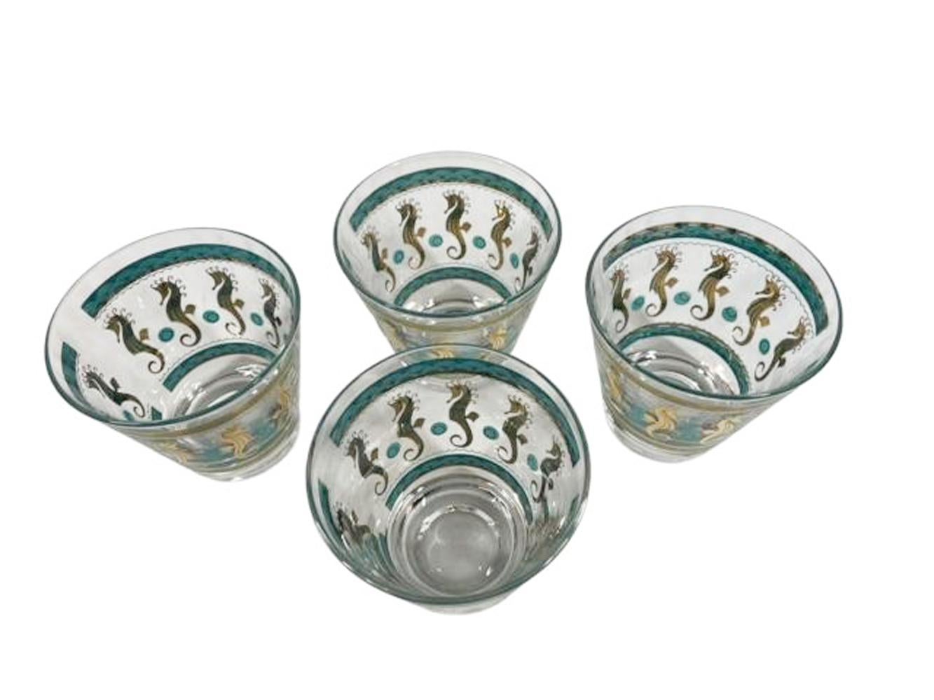 Mid-Century Modern Set of 4 Vintage Fred Press Old Fashioned Glasses with Aqua and Gold Seahorses For Sale