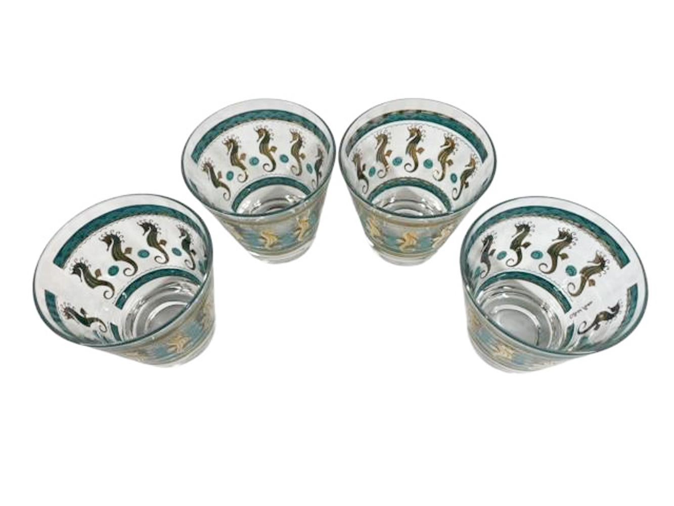 American Set of 4 Vintage Fred Press Old Fashioned Glasses with Aqua and Gold Seahorses For Sale