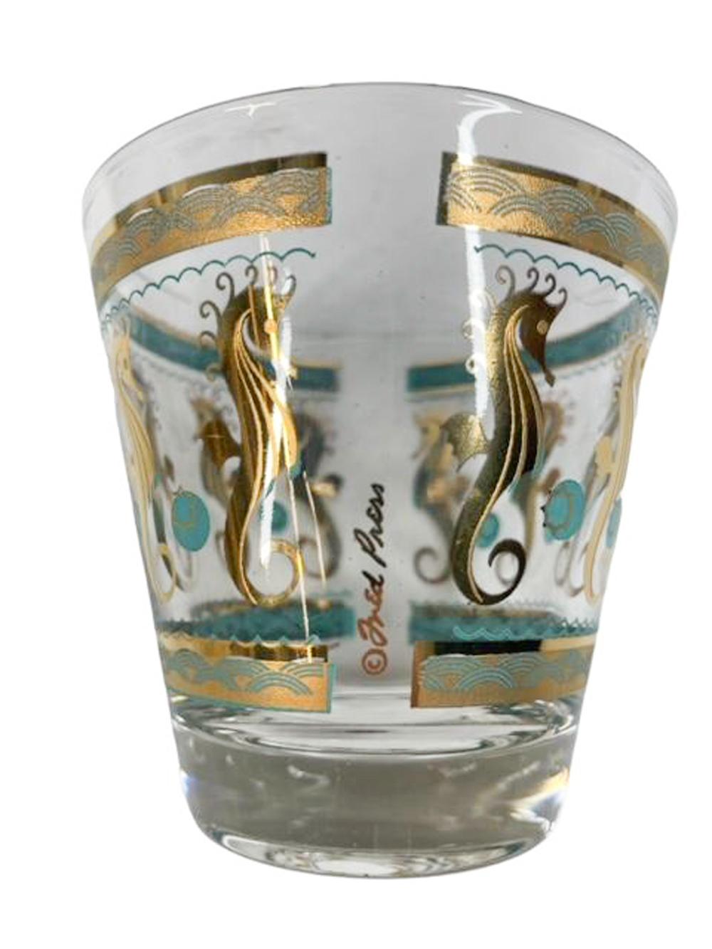 Set of 4 Vintage Fred Press Old Fashioned Glasses with Aqua and Gold Seahorses In Good Condition For Sale In Chapel Hill, NC