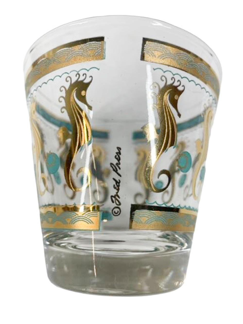 20th Century Set of 4 Vintage Fred Press Old Fashioned Glasses with Aqua and Gold Seahorses For Sale