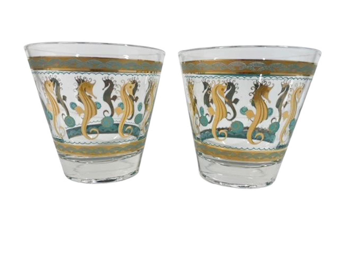 Set of 4 Vintage Fred Press Old Fashioned Glasses with Aqua and Gold Seahorses For Sale 1