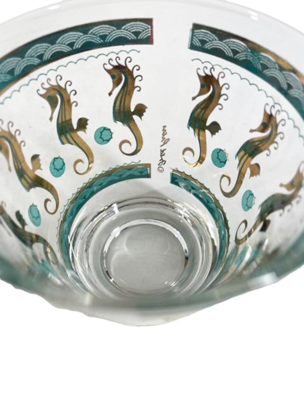 Set of 4 Vintage Fred Press Old Fashioned Glasses with Aqua and Gold Seahorses For Sale 2