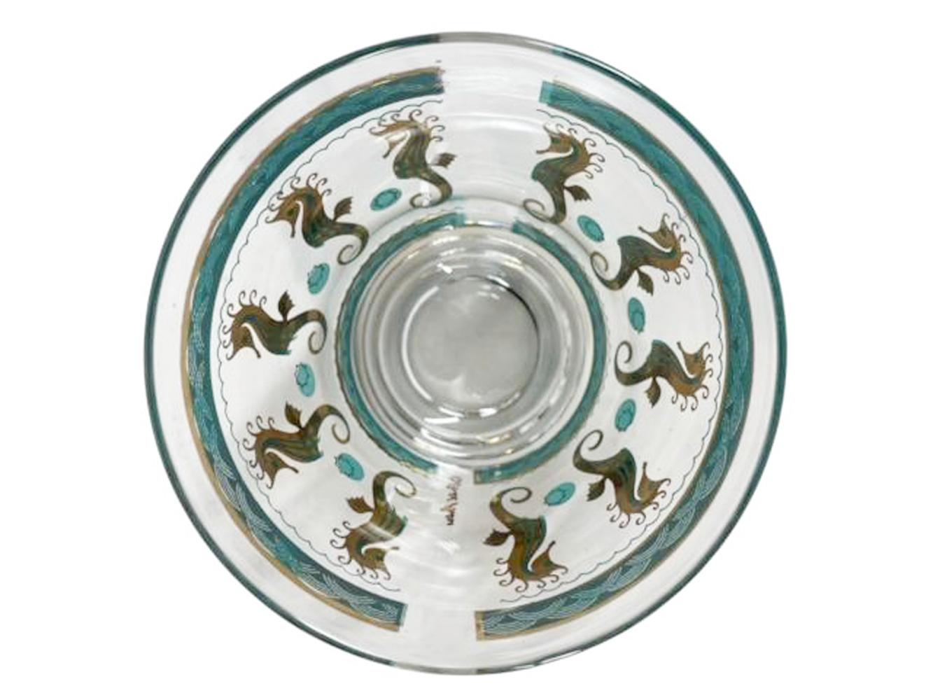 Set of 4 Vintage Fred Press Old Fashioned Glasses with Aqua and Gold Seahorses For Sale 3