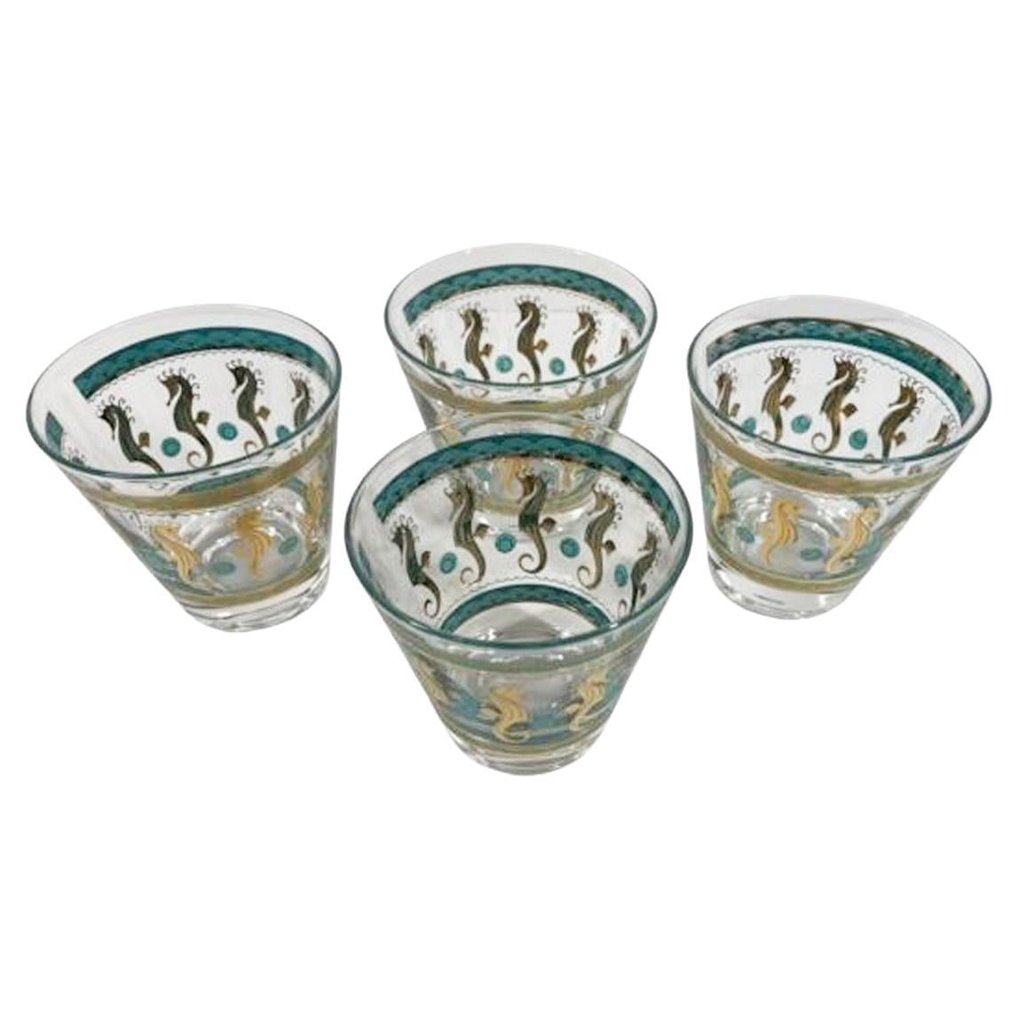 Juego de 4 vasos Old Fashioned Vintage Fred Press con caballitos de mar de color aguamarina y dorado