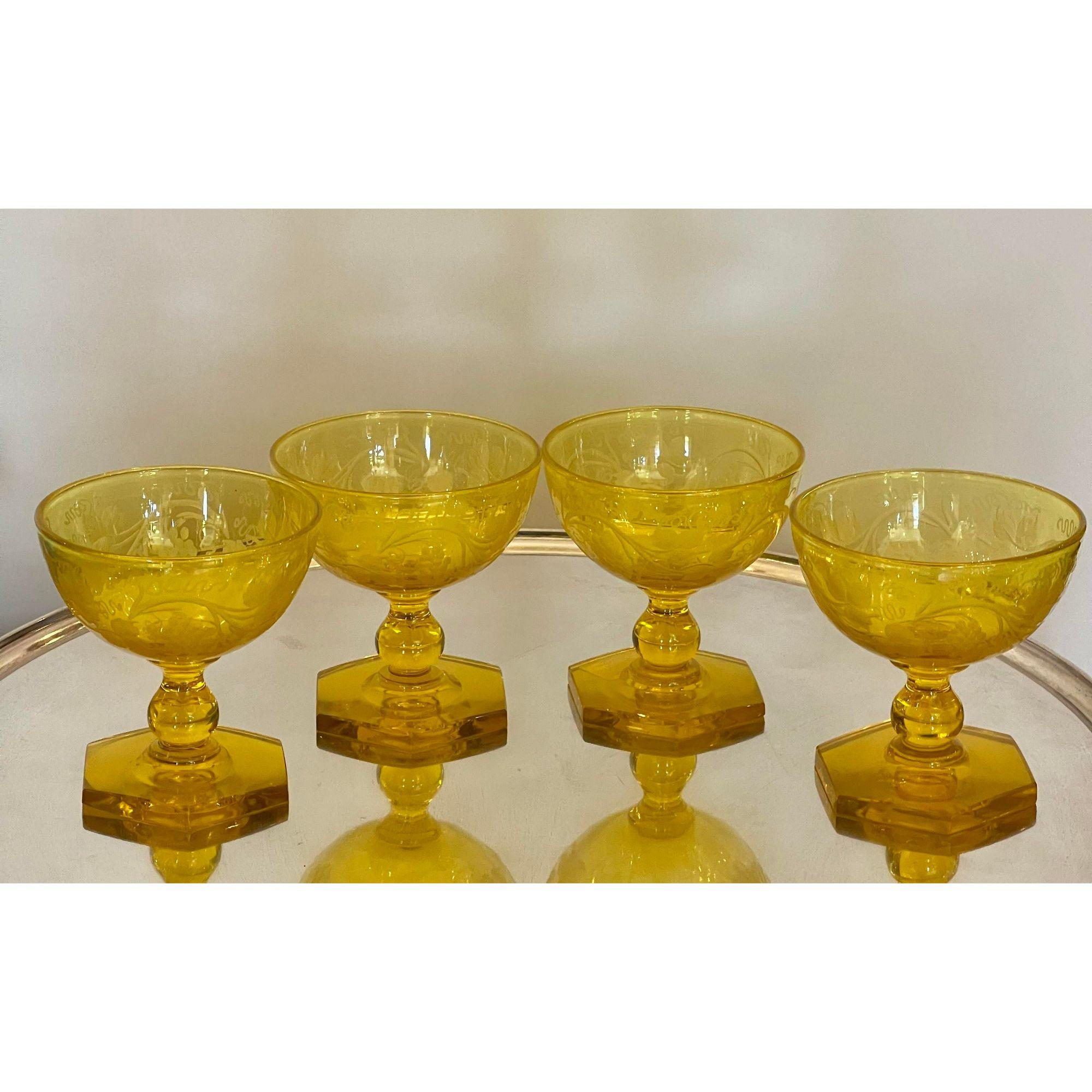 Set of 4 Vintage Frederick Carder for Steuben Art Deco Yellow Crystal Stems In Good Condition For Sale In LOS ANGELES, CA