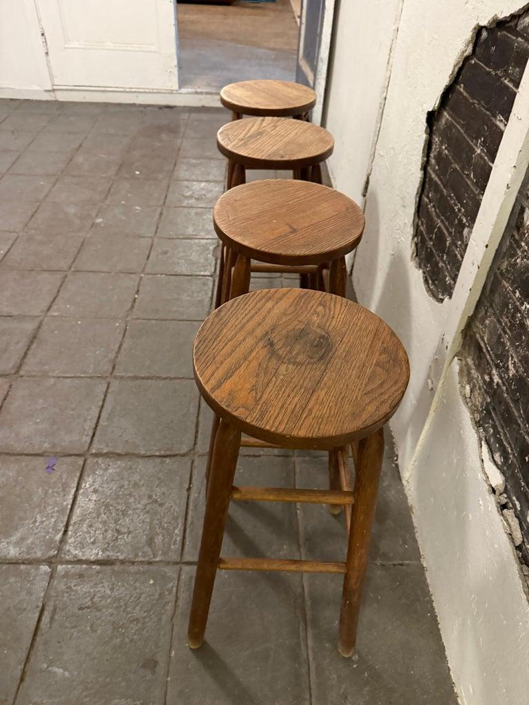 Woodwork Set of 4 vintage French arts and crafts solid wood bar stools