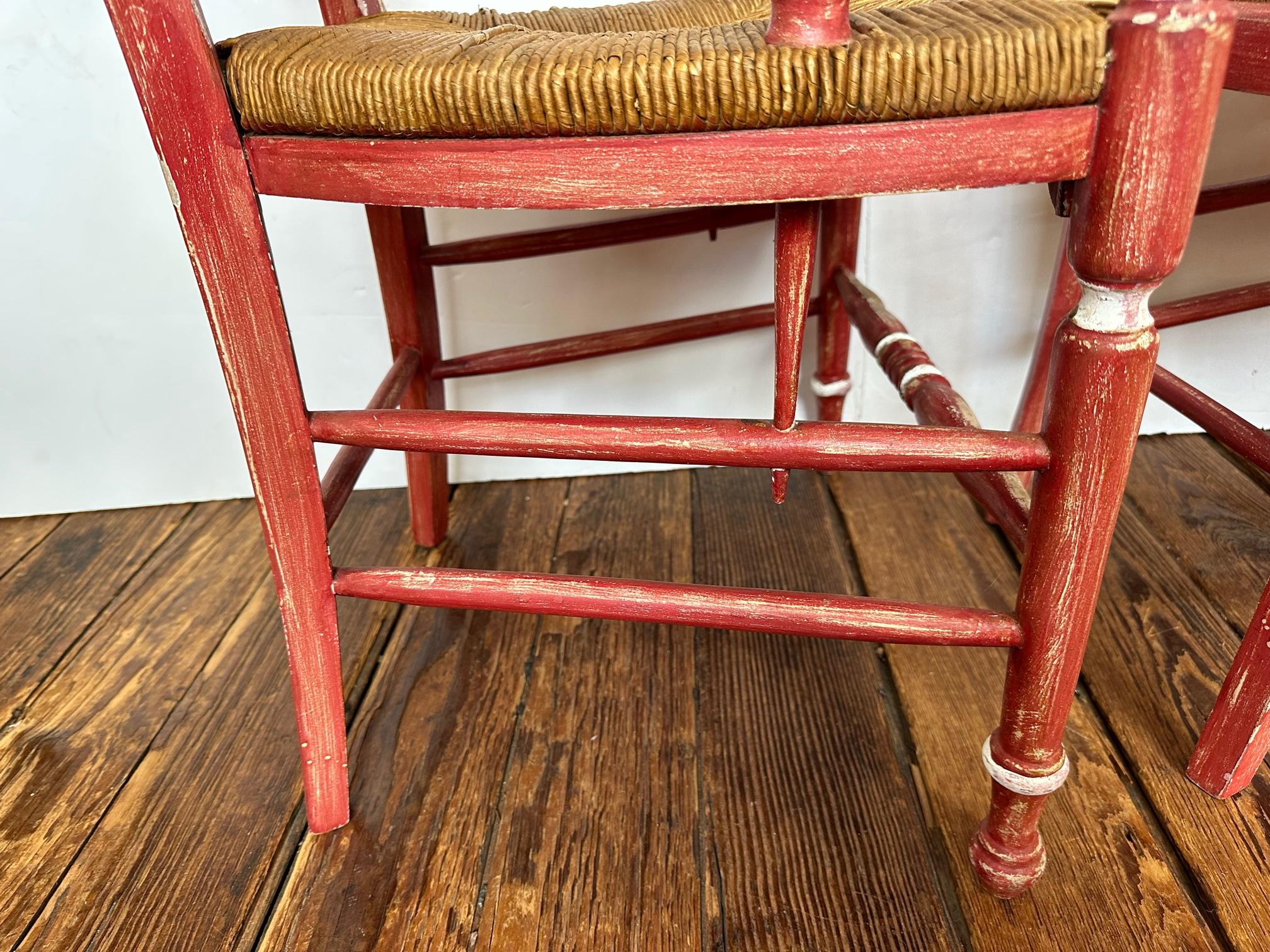 Set of 4 Vintage French Country Red Painted Dining Chairs with Rush Seats For Sale 6