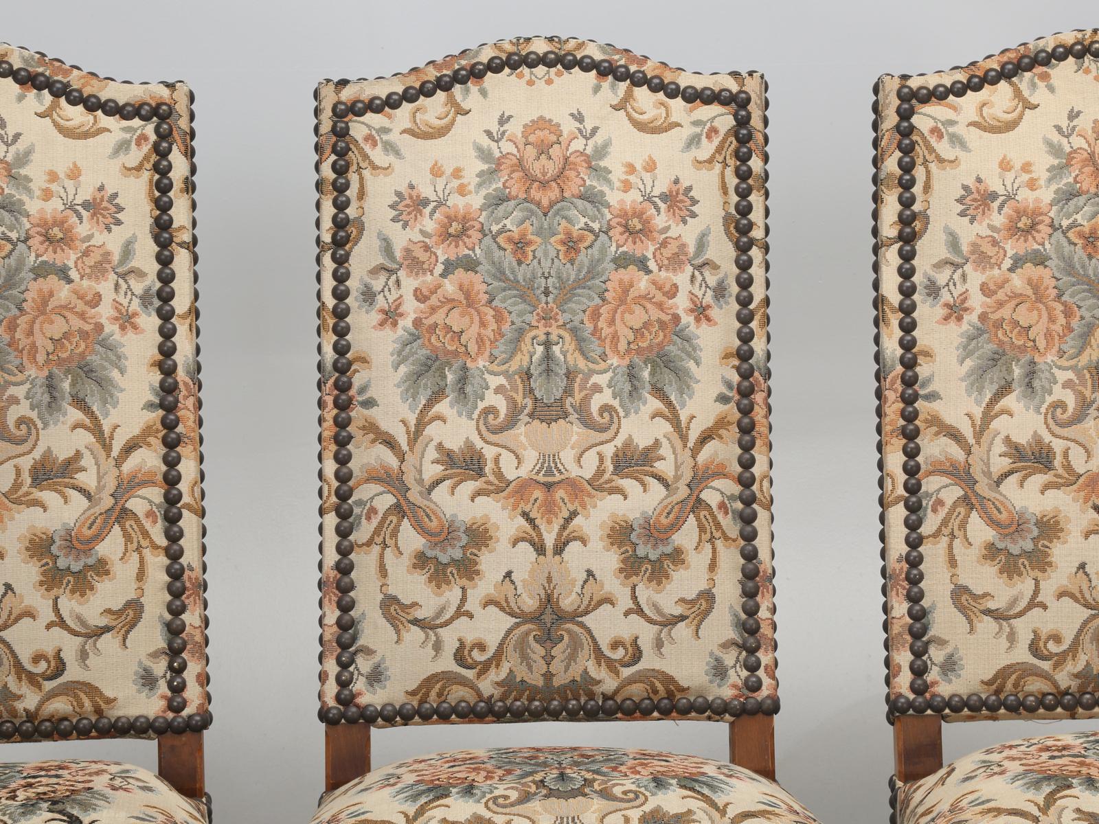 French dining chairs, set of (4) in an as found condition, although, they are quite usable, until you pick out your new fabric covering. This set of (4) vintage French dining chairs just came in, along with about another (75) antique French dining