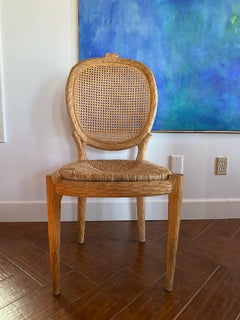 Set of 4 Vintage French Faux Bois Chairs With Rush Seat and Cane Back