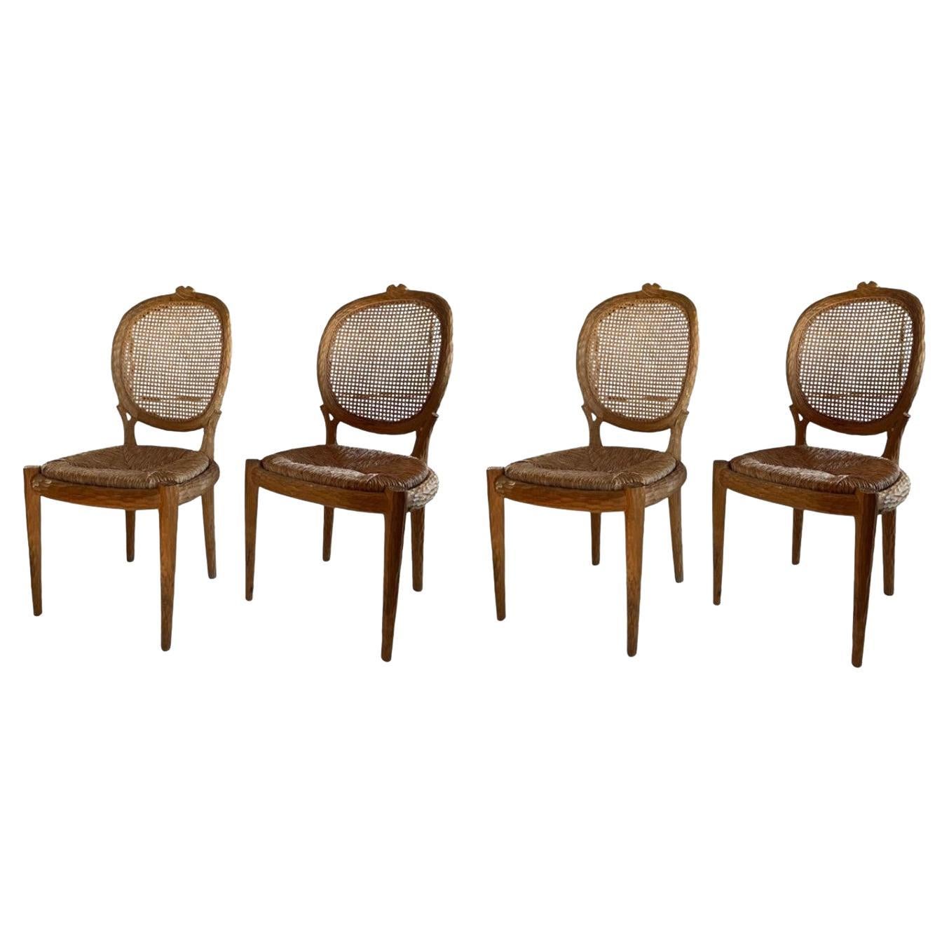 Ensemble de 4 chaises Vintage By en Faux Bois avec assise en jonc et dossier en cannage