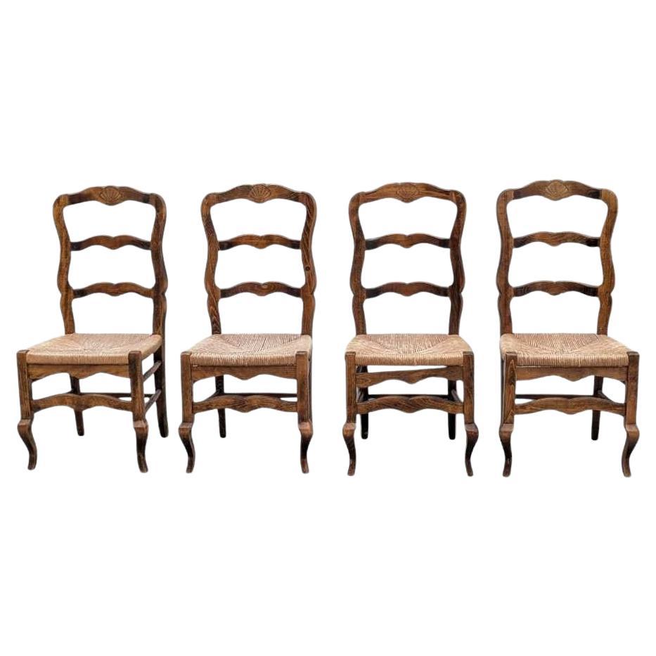 Set of 4 Vintage French Ladder Back Chairs – Rush Seats, Solid Wood, 1950s