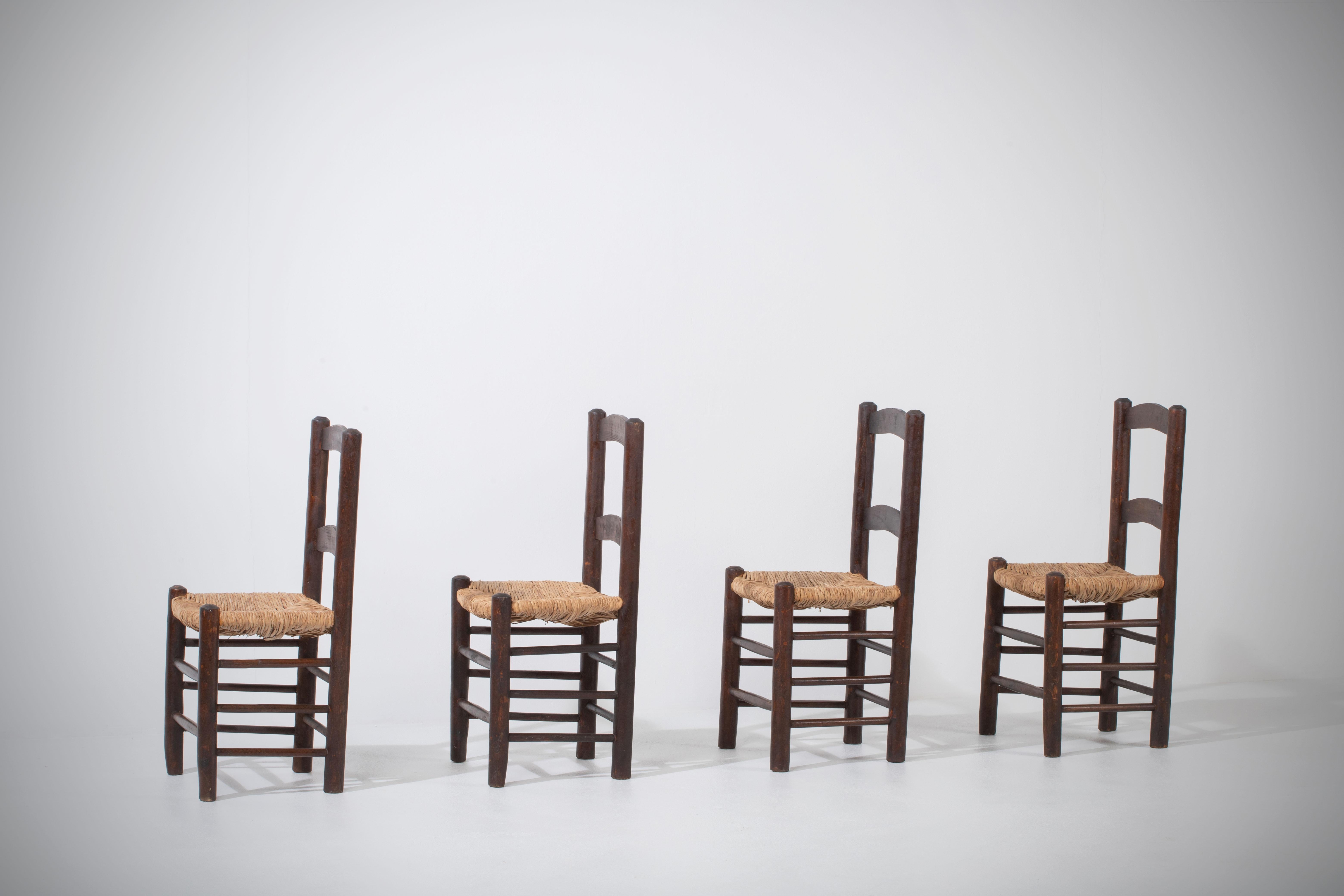 Set of 4 Vintage French Oak Dining Chairs For Sale 9