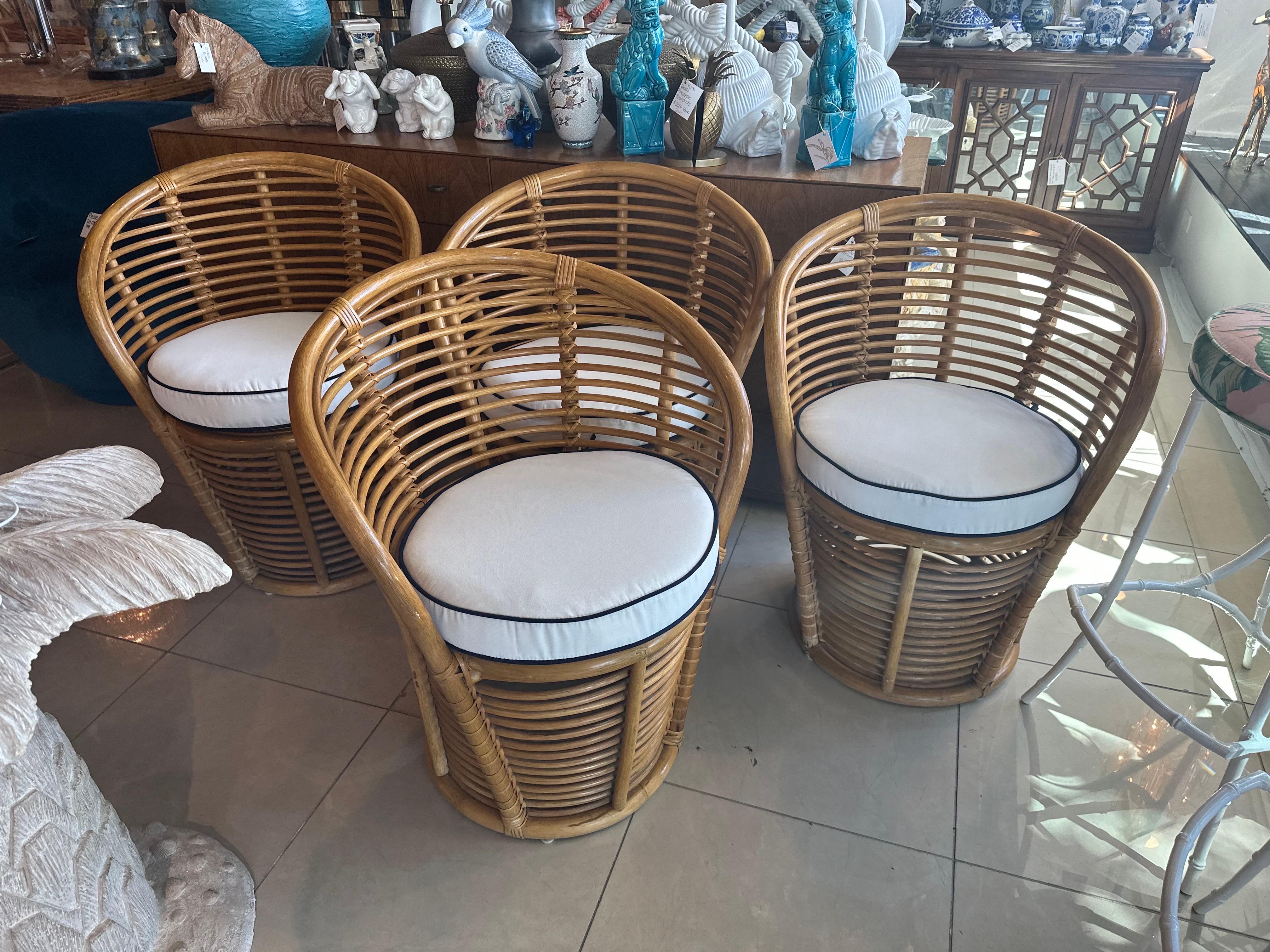 Set of 4 Vintage French Rattan Curved Barrel Dining Chairs New Custom Cushions  For Sale 3