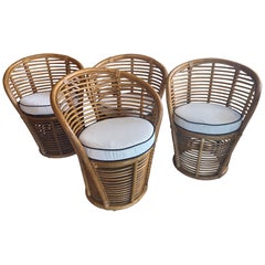 Set of 4 Vintage French Rattan Curved Barrel Dining Chairs New Custom Cushions