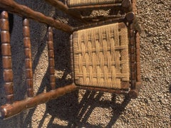 Set of 4 Vintage French Rustic Chairs – Woven Seats, Turned Wood Frame