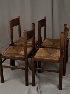 set of 4 vintage French wood and rush chairs