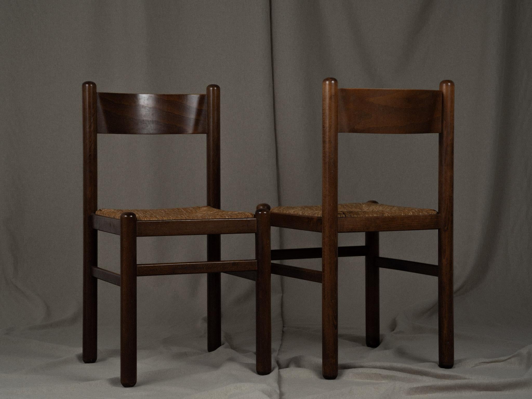 Late 20th Century set of 4 vintage French wood and rush chairs 
