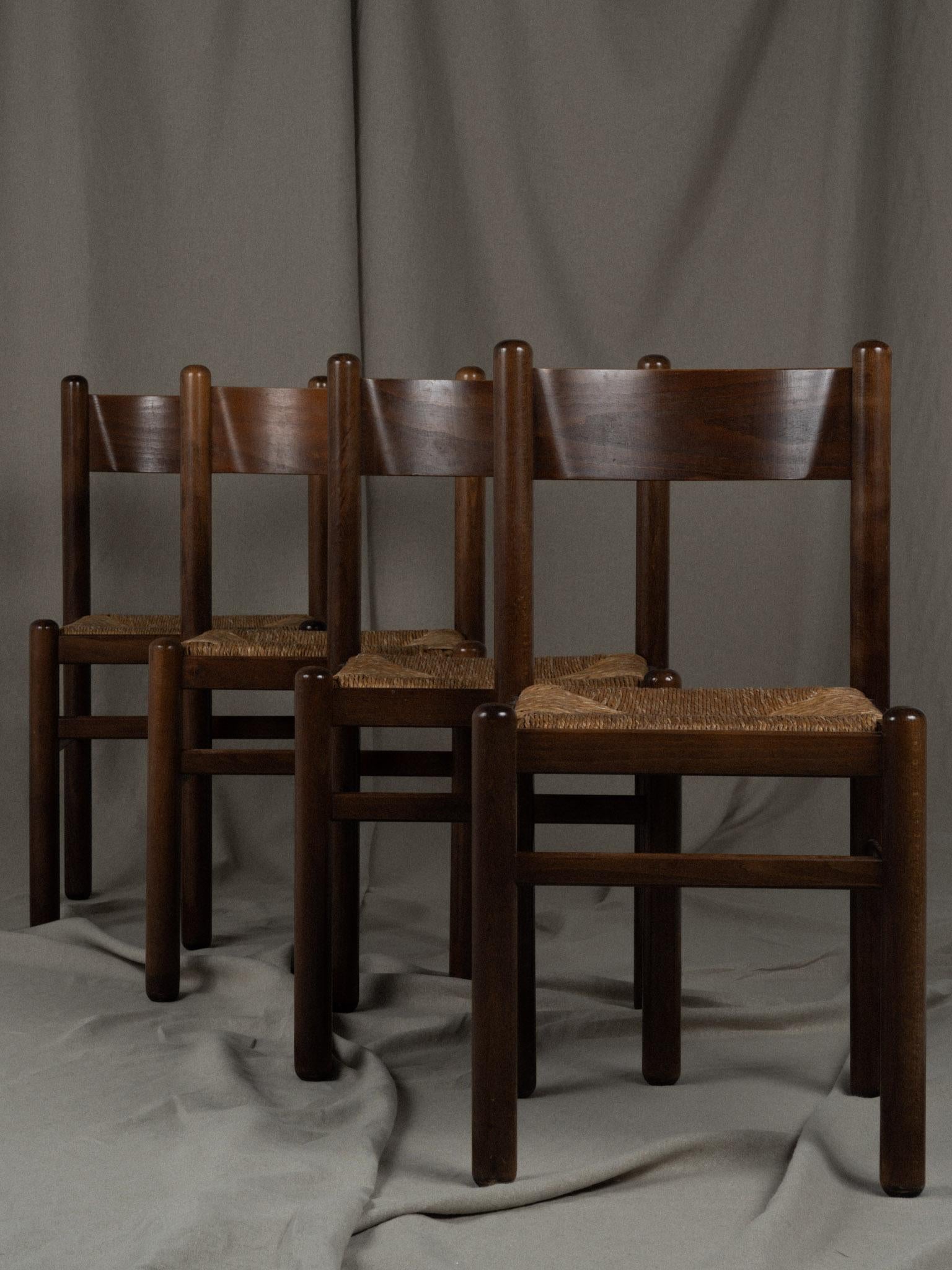 Rush set of 4 vintage French wood and rush chairs  For Sale