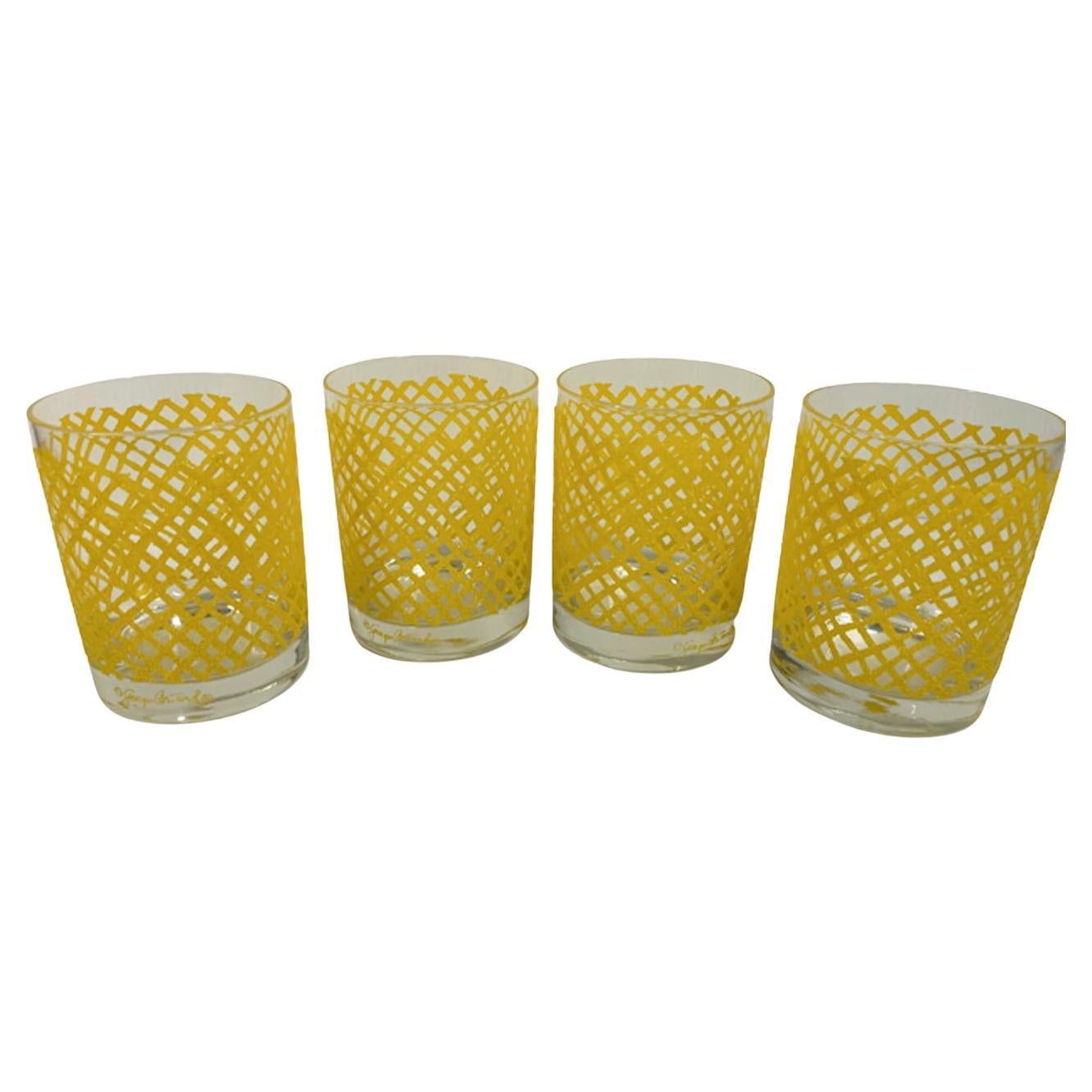 Set of 4 Vintage Georges Briard Rocks Glasses with a Raised Yellow Net Pattern For Sale
